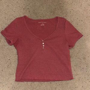 Pink stretchy button cropped shirt